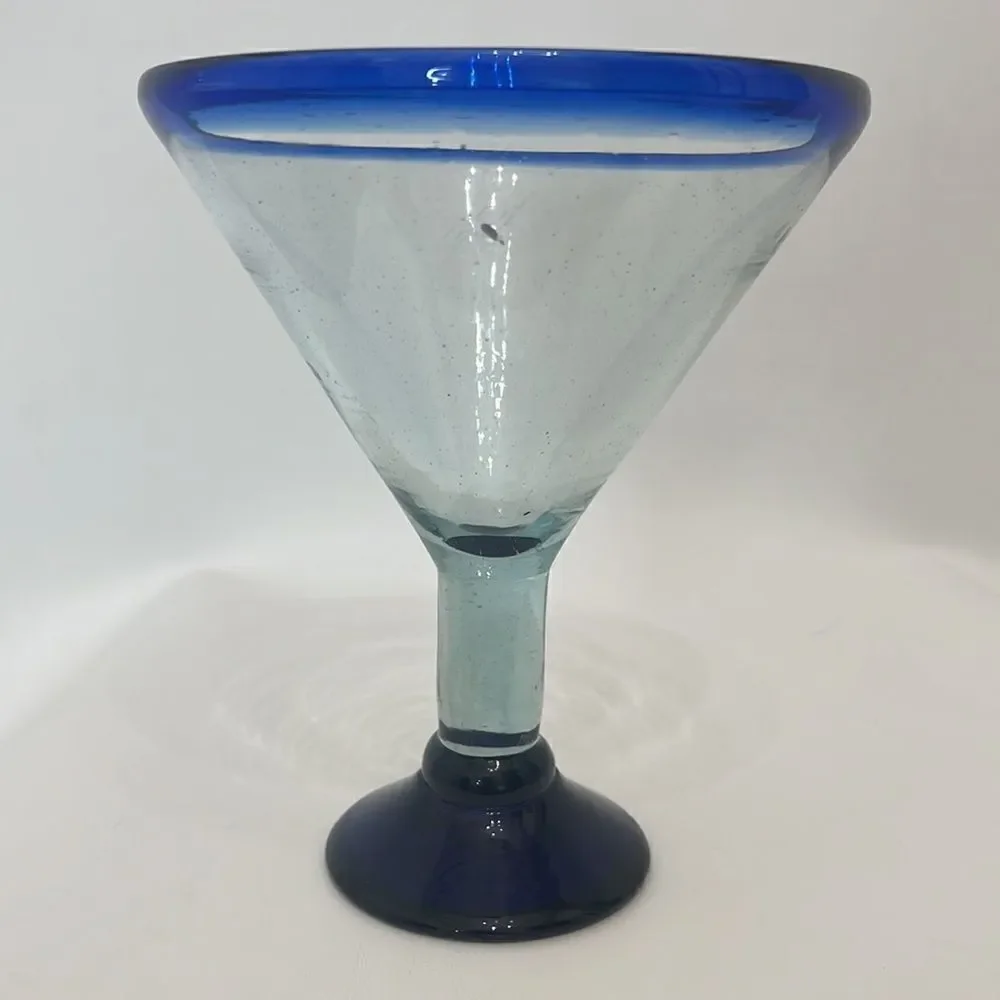 Blue Margarita Glass Hand Blown 4 Cups 6 1/2 In Round 7 3/4 Tall